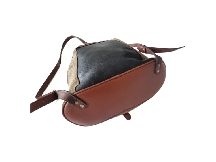 1970s Leather Suede Backpack: Small Vintage Drawstring Rucksack