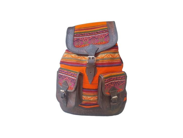 Peruvian Leather & Aguayo Kilim Backpack: Vintage Andean Tapestry Rucksack