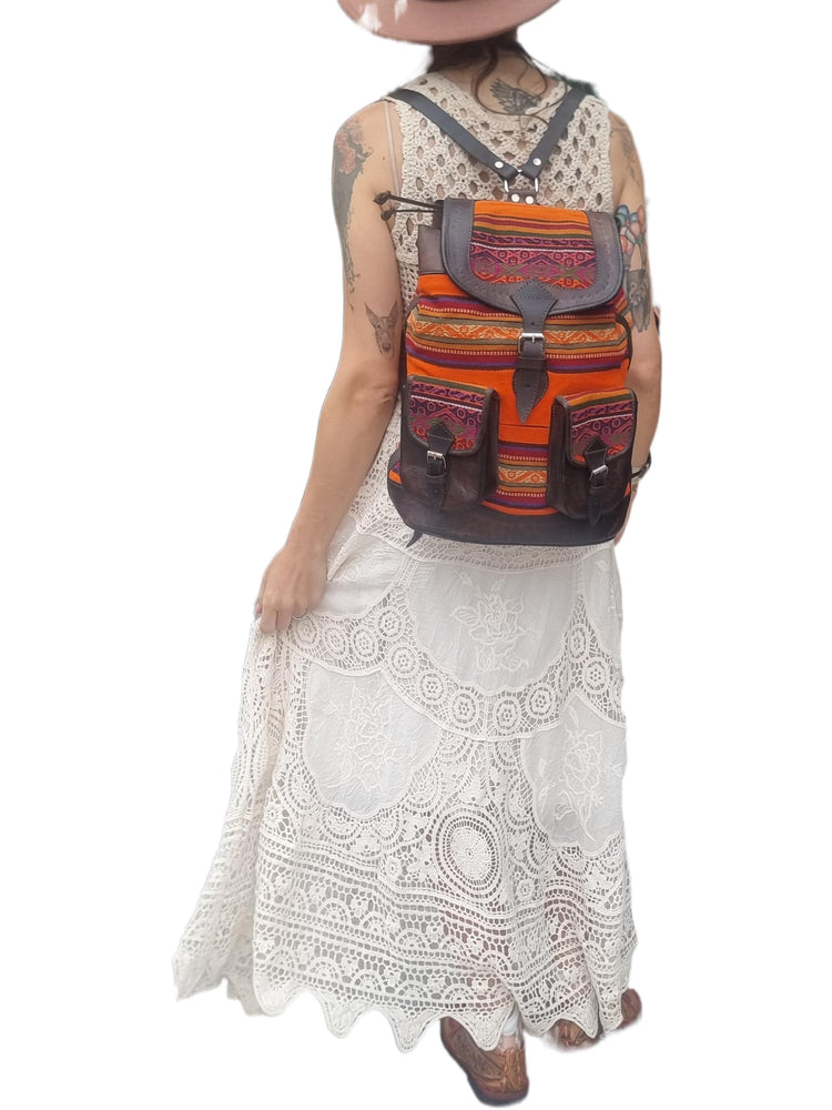 Peruvian Leather & Aguayo Kilim Backpack: Vintage Andean Tapestry Rucksack