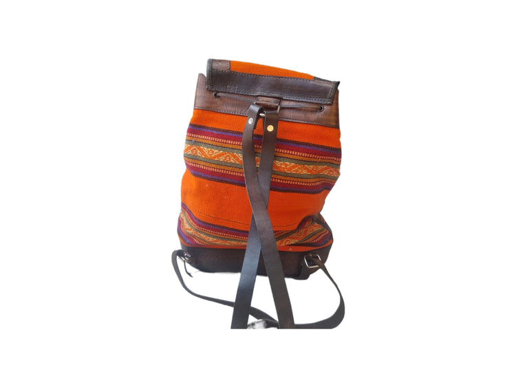 Peruvian Leather & Aguayo Kilim Backpack: Vintage Andean Tapestry Rucksack