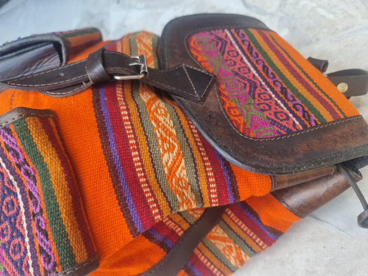 Peruvian Leather & Aguayo Kilim Backpack: Vintage Andean Tapestry Rucksack