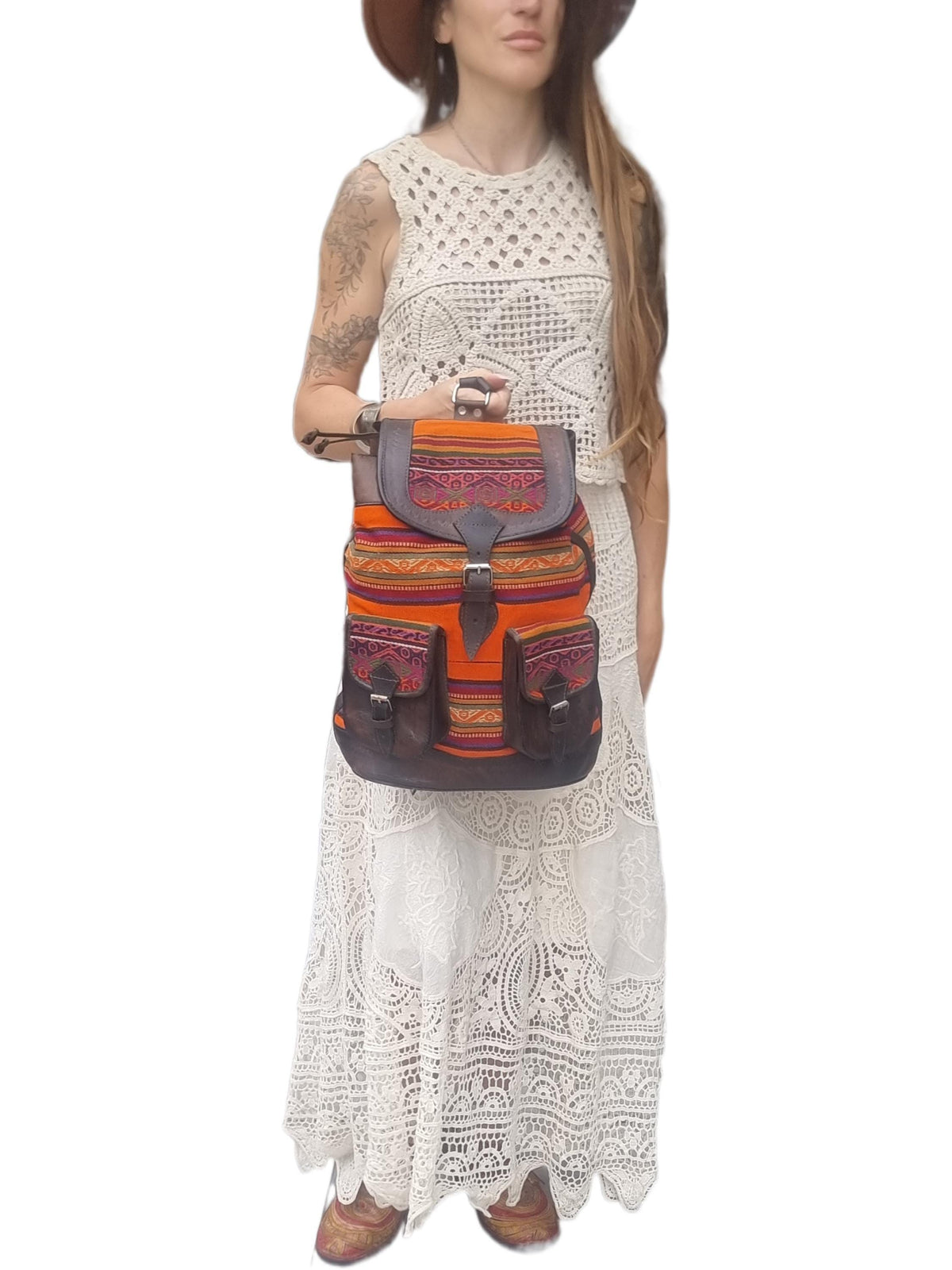 Peruvian Leather & Aguayo Kilim Backpack: Vintage Andean Tapestry Rucksack