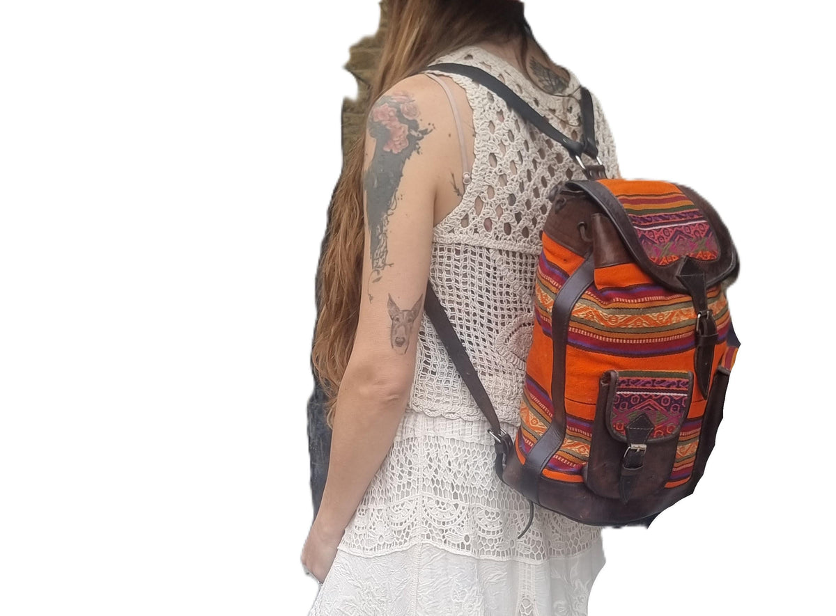 Peruvian Leather & Aguayo Kilim Backpack: Vintage Andean Tapestry Rucksack