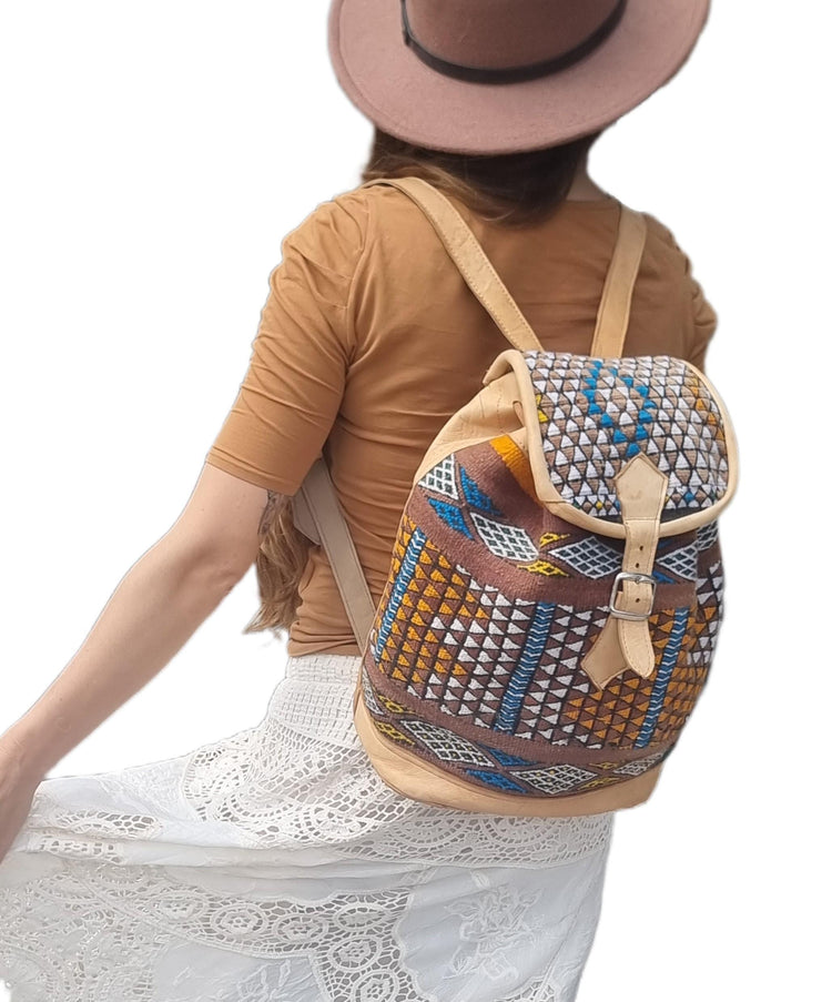 Ethnic Moroccan Kilim Backpack Purse, Large Leather Rucksack, Boho Shoulder Bag