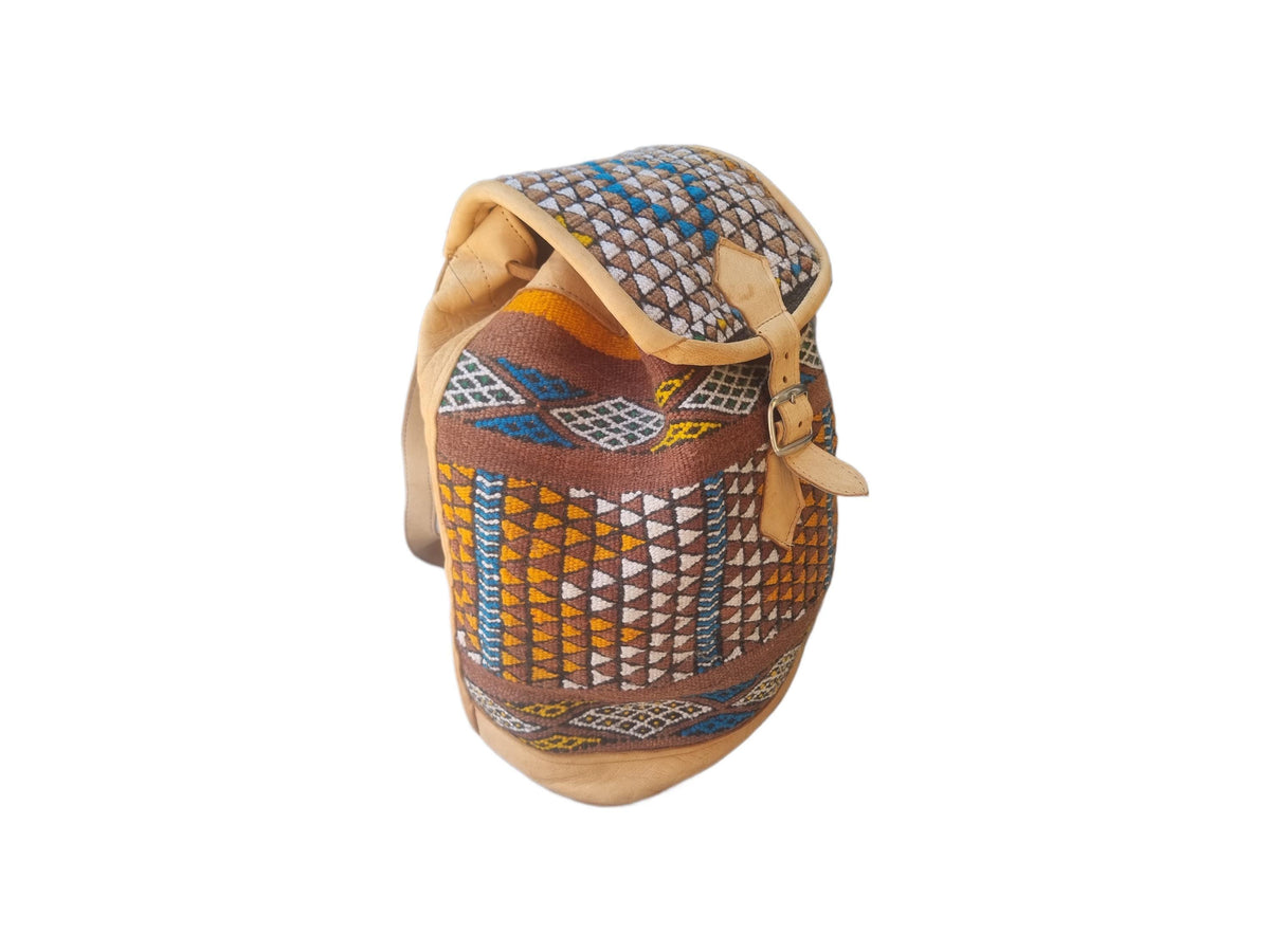 Ethnic Moroccan Kilim Backpack Purse, Large Leather Rucksack, Boho Shoulder Bag