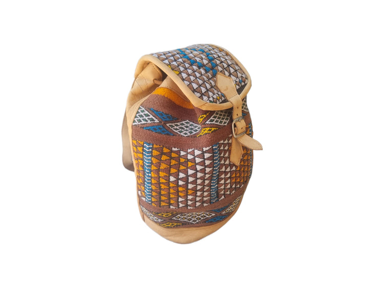 Ethnic Moroccan Kilim Backpack Purse, Large Leather Rucksack, Boho Shoulder Bag