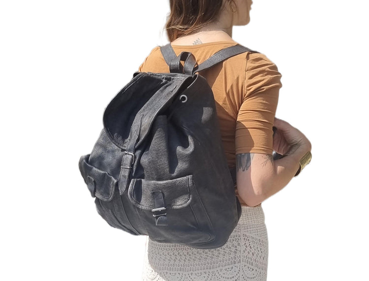 Oversized Leather Backpack, Large Drawstring Rucksack, Boho Biker Bag, Hippie Travel Bag, Unisex Rucksack