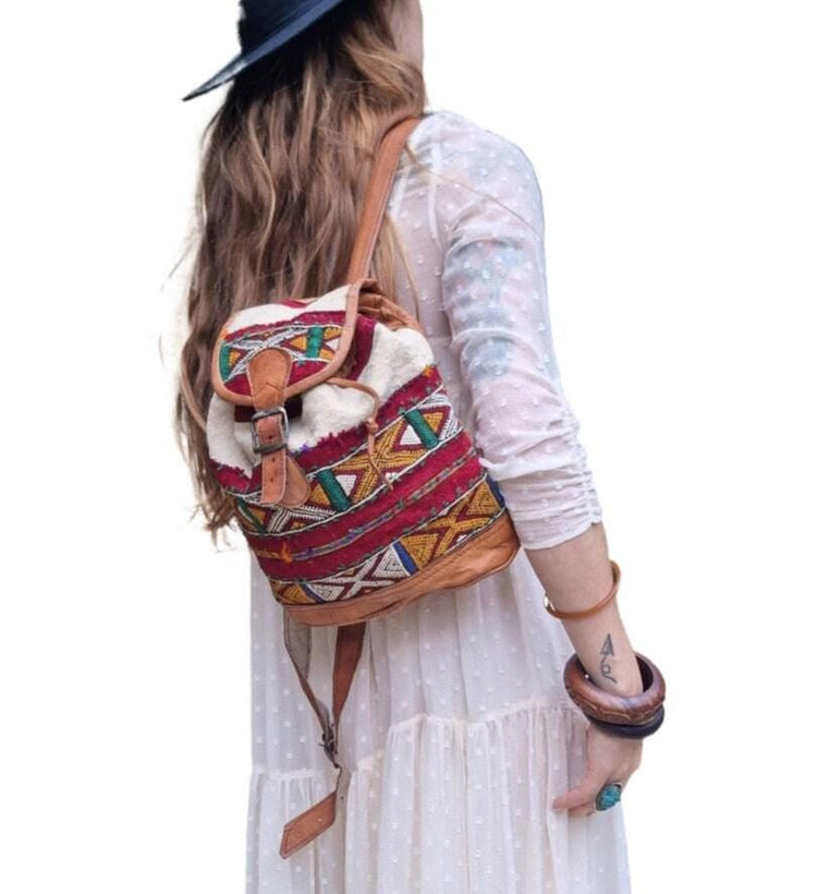 Womens Moroccan Kilim Carpet Leather Backpack, Boho Hippie Travel Rucksack, Vintage Berber Bag, Festival Bag