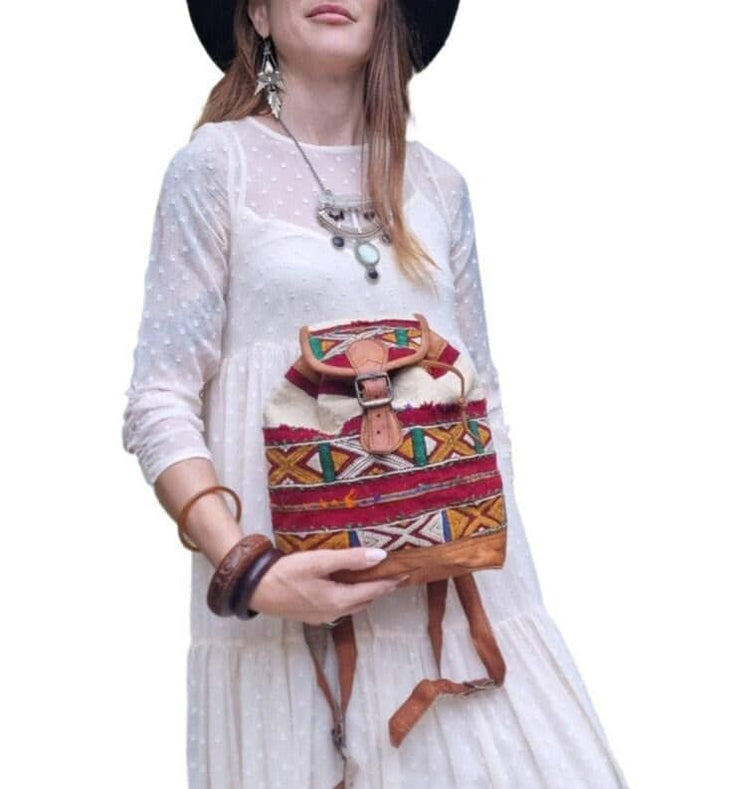 Womens Moroccan Kilim Carpet Leather Backpack, Boho Hippie Travel Rucksack, Vintage Berber Bag, Festival Bag