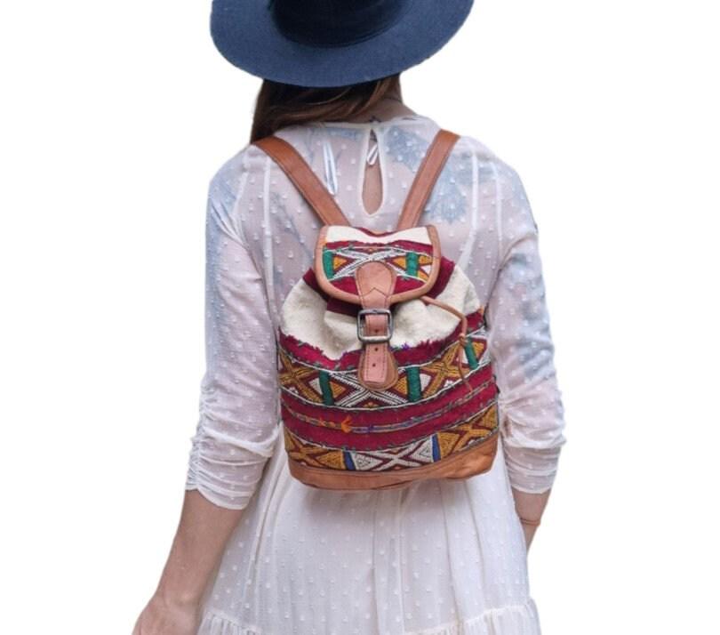 Womens Moroccan Kilim Carpet Leather Backpack, Boho Hippie Travel Rucksack, Vintage Berber Bag, Festival Bag