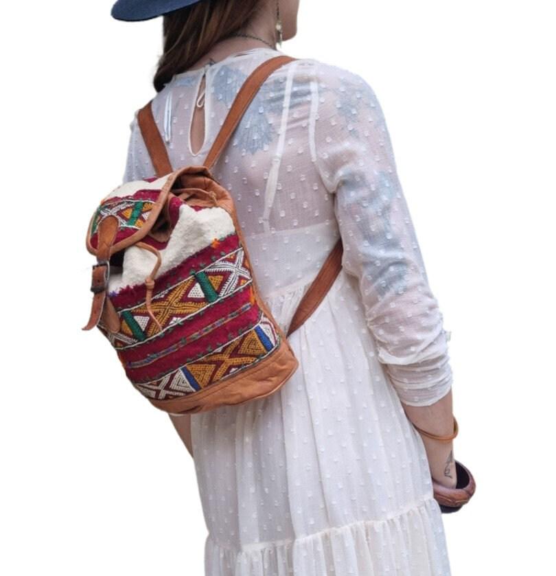 Womens Moroccan Kilim Carpet Leather Backpack, Boho Hippie Travel Rucksack, Vintage Berber Bag, Festival Bag
