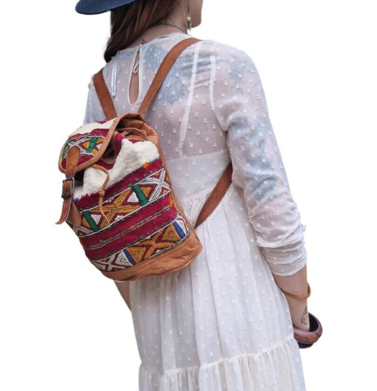Womens Moroccan Kilim Carpet Leather Backpack, Boho Hippie Travel Rucksack, Vintage Berber Bag, Festival Bag