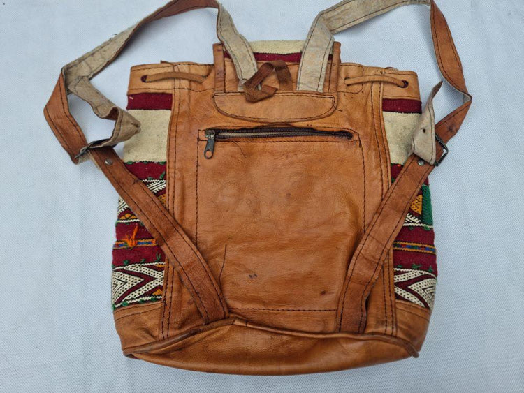 Womens Moroccan Kilim Carpet Leather Backpack, Boho Hippie Travel Rucksack, Vintage Berber Bag, Festival Bag