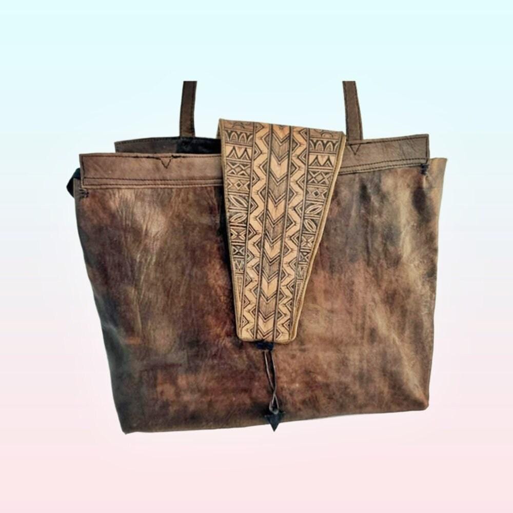 Handmade African Leather Crossbody Bag: Large Tribal Boho Tote