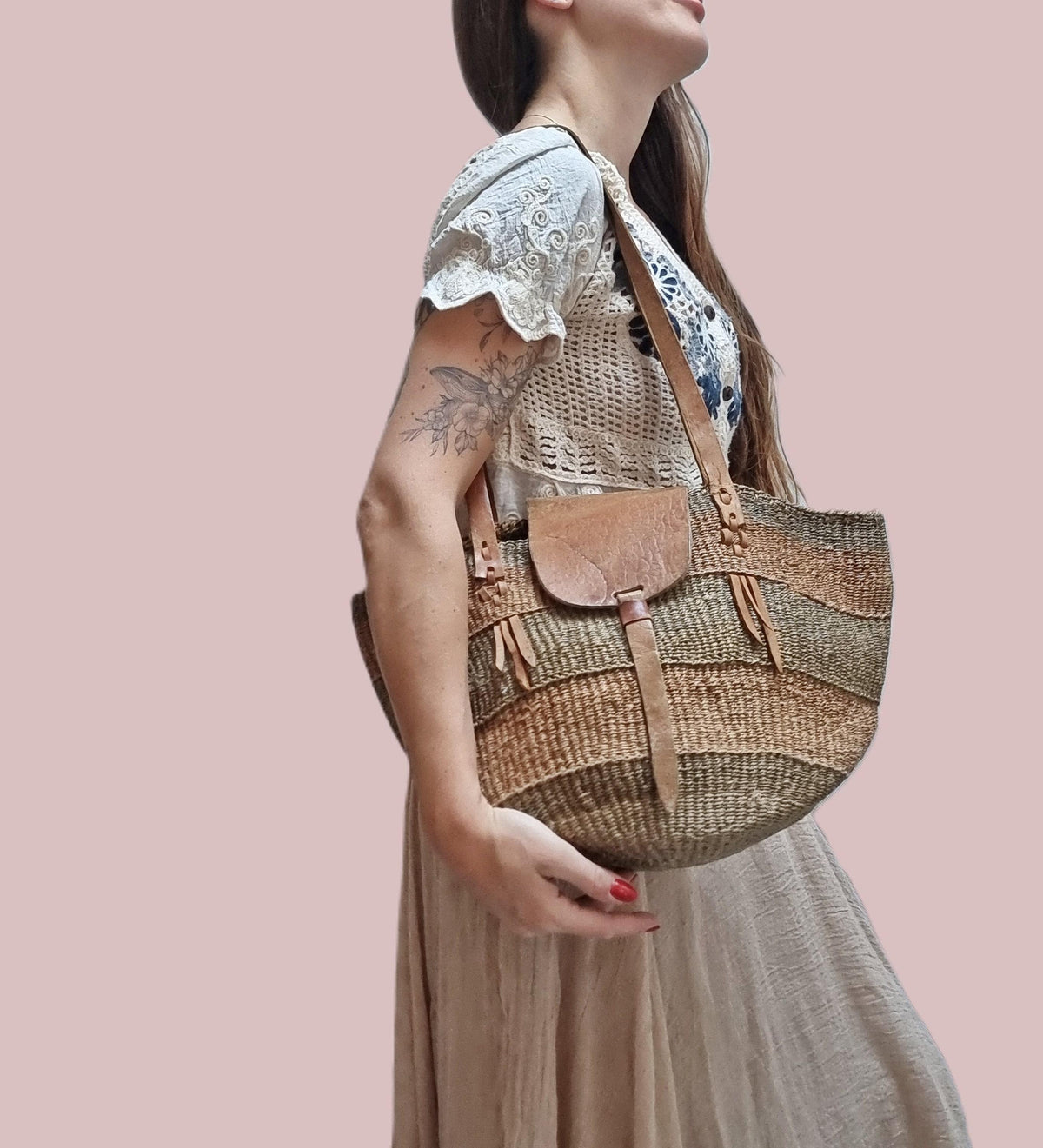 Handmade Sisal & Leather Kiondo Bag: African Boho Tote