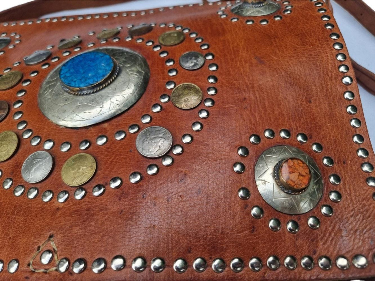 Vintage Moroccan Leather Messenger Bag: Studded Berber Crossbody Satchel
