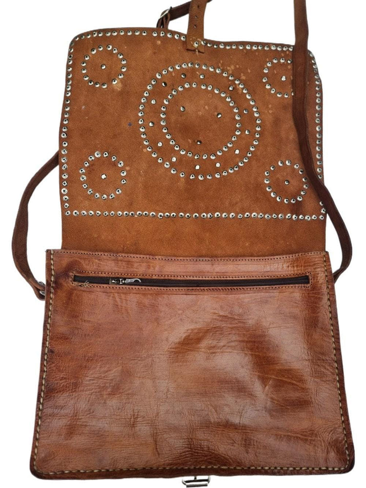 Vintage Moroccan Leather Messenger Bag: Studded Berber Crossbody Satchel