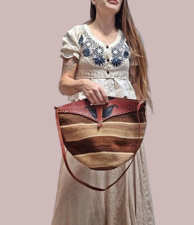 Handmade Sisal Bucket Bag: Boho Leather Tote, African Kiondo Purse