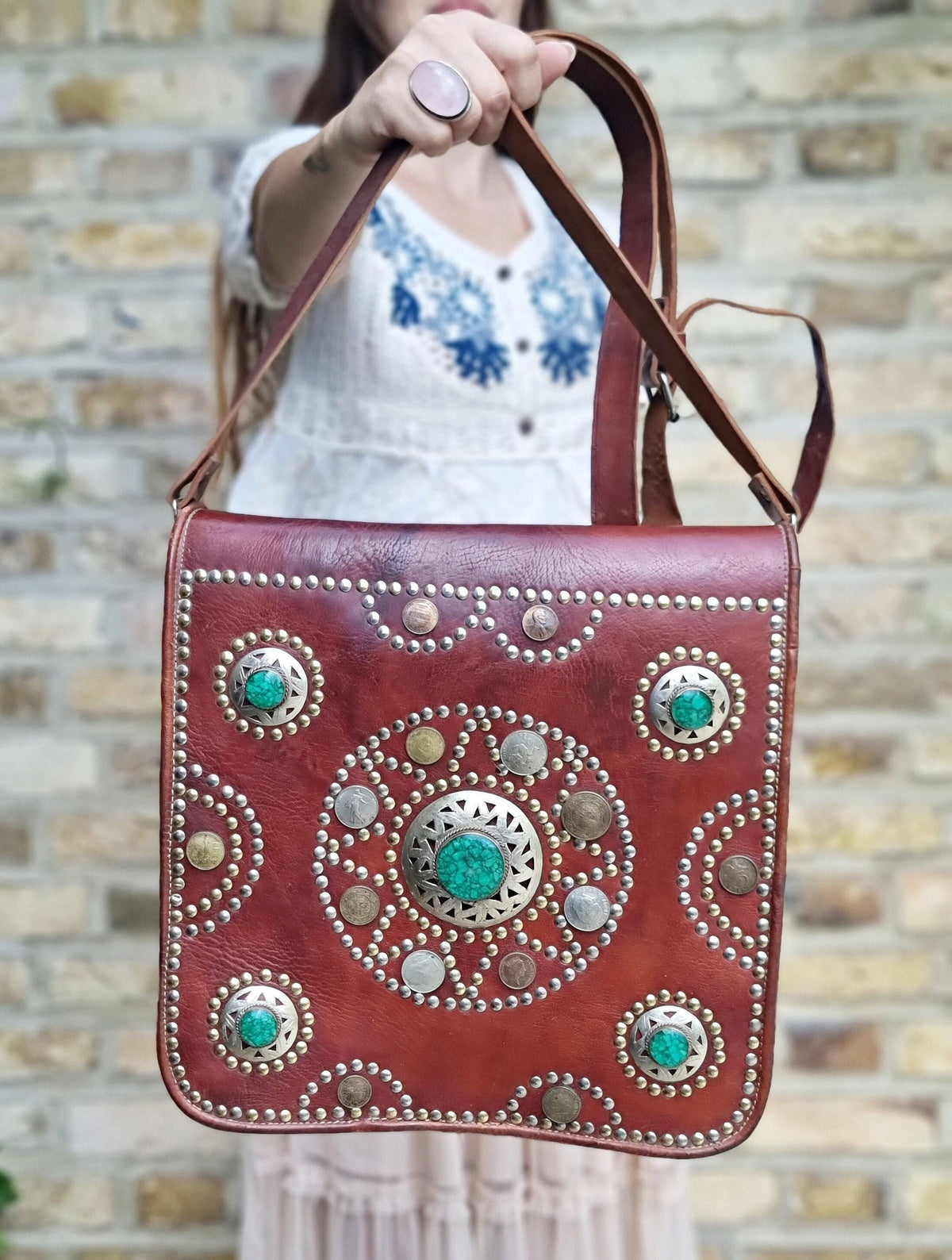 Studded Moroccan Leather Crossbody Bag: Vintage Festival Messenger