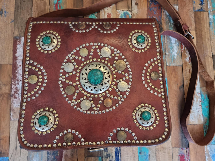 Studded Moroccan Leather Crossbody Bag: Vintage Festival Messenger