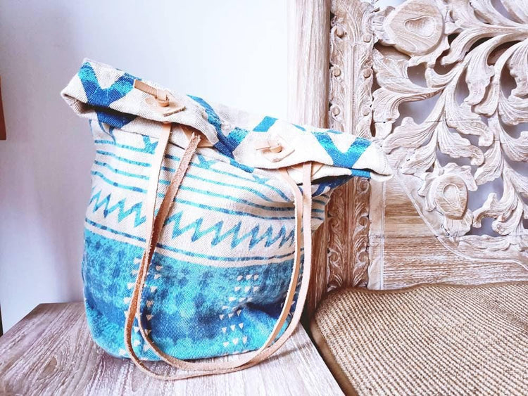 Woven Jute Leather Tote Bag: Large Boho Shoulder Bag