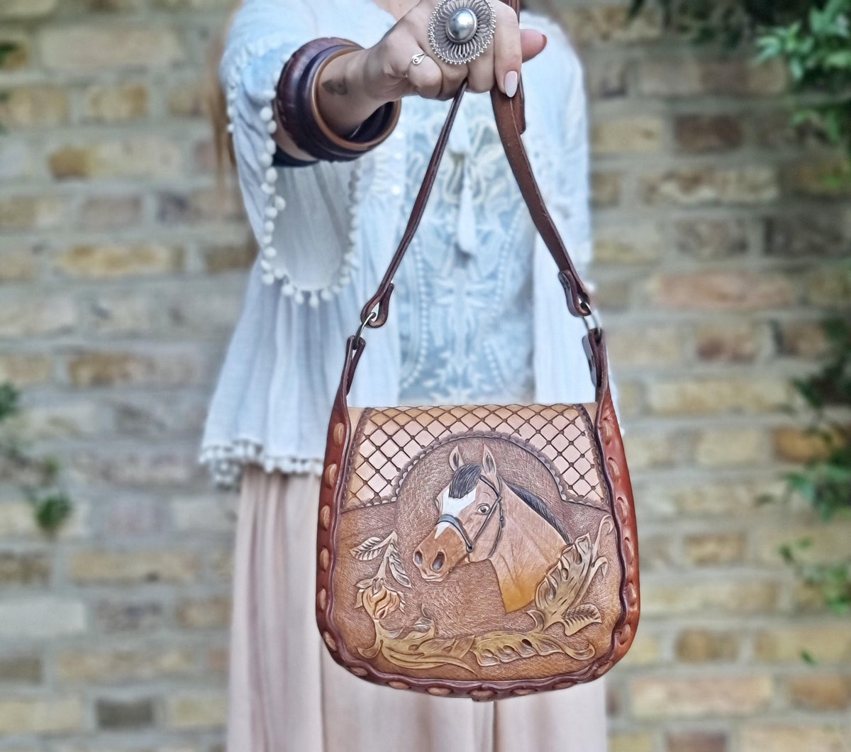 Vintage Tooled Leather Horse Purse, Floral Rose Western Saddle Bag