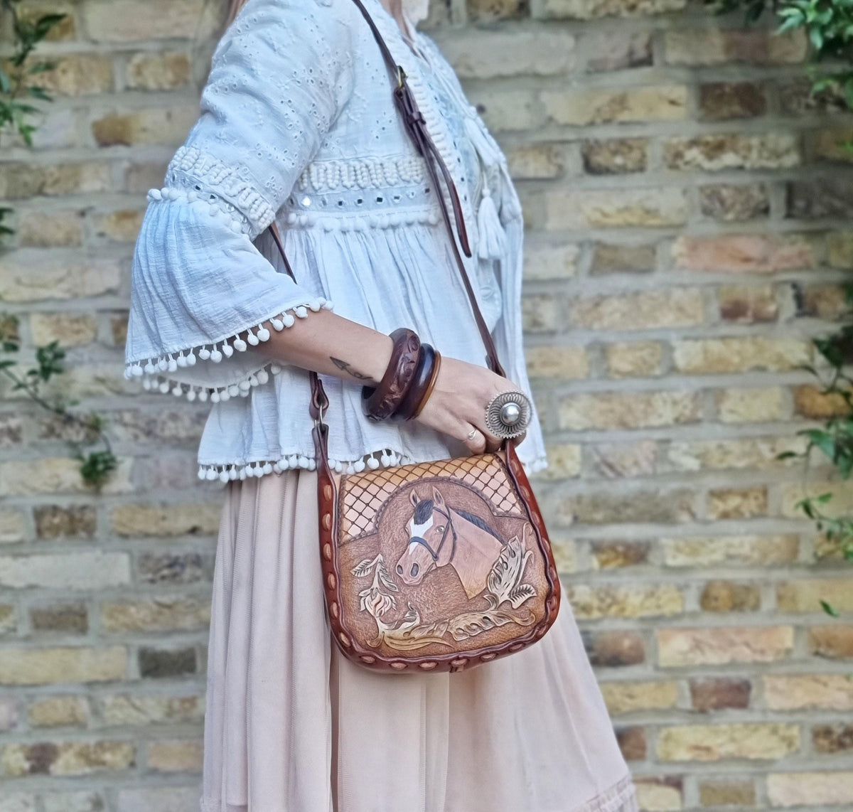 Vintage Tooled Leather Horse Purse, Floral Rose Western Saddle Bag