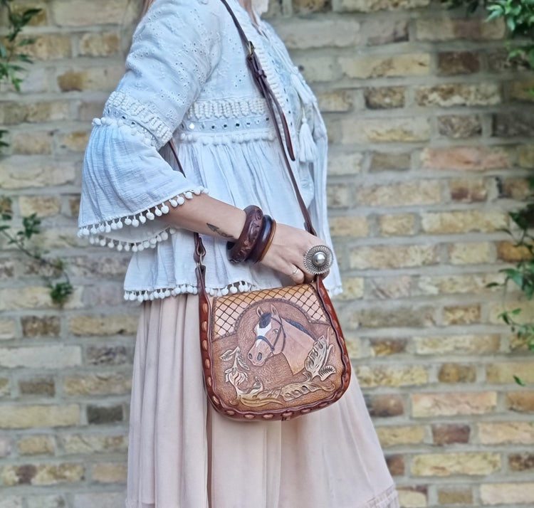 Vintage Tooled Leather Horse Purse, Floral Rose Western Saddle Bag