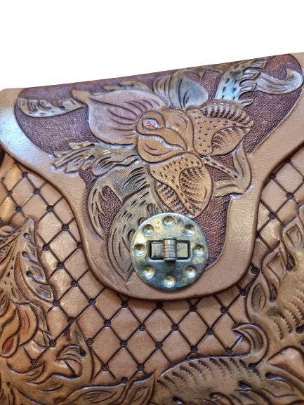 Vintage Tooled Leather Horse Purse, Floral Rose Western Saddle Bag