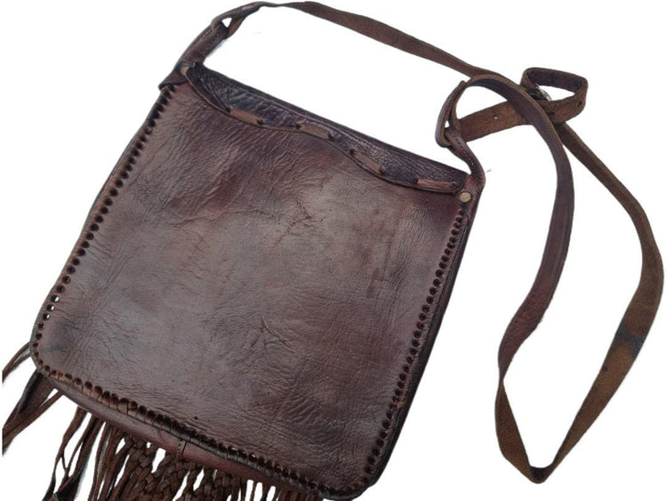 Vintage Braided Leather Bag, Dark Brown Western Crossbody Purse, Heart Leather Handbag, Boho Hippie Fringe Bag, Rustic Shoulder Bag