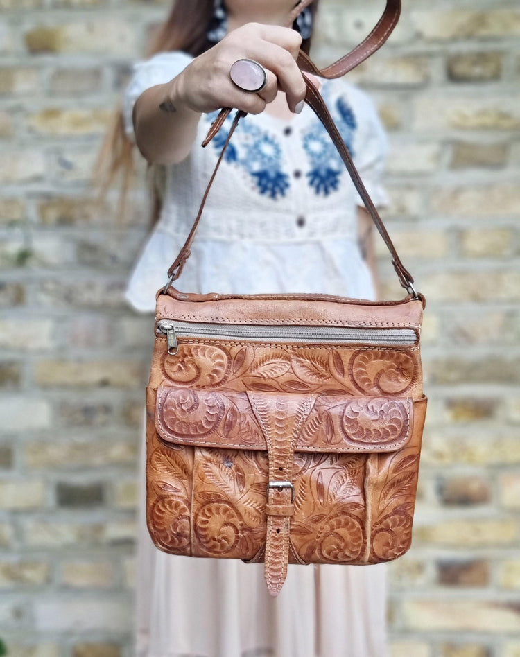 70s Tooled Leather Satchel: Floral Butterfly Hippie Purse