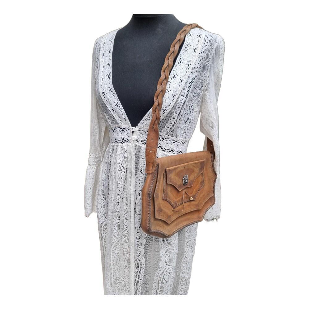 Vintage Tooled Leather Satchel: Embossed Lion, Braided Boho Bag