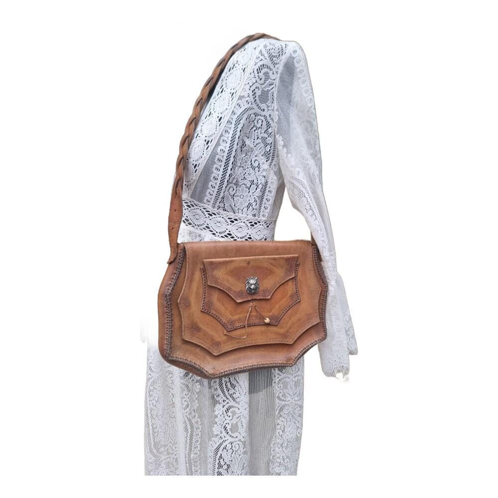 Vintage Tooled Leather Satchel: Embossed Lion, Braided Boho Bag