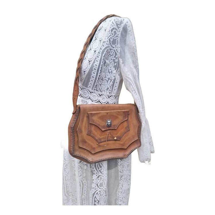 Vintage Tooled Leather Satchel: Embossed Lion, Braided Boho Bag