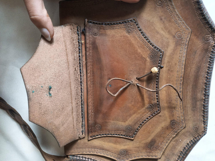 Vintage Tooled Leather Satchel: Embossed Lion, Braided Boho Bag