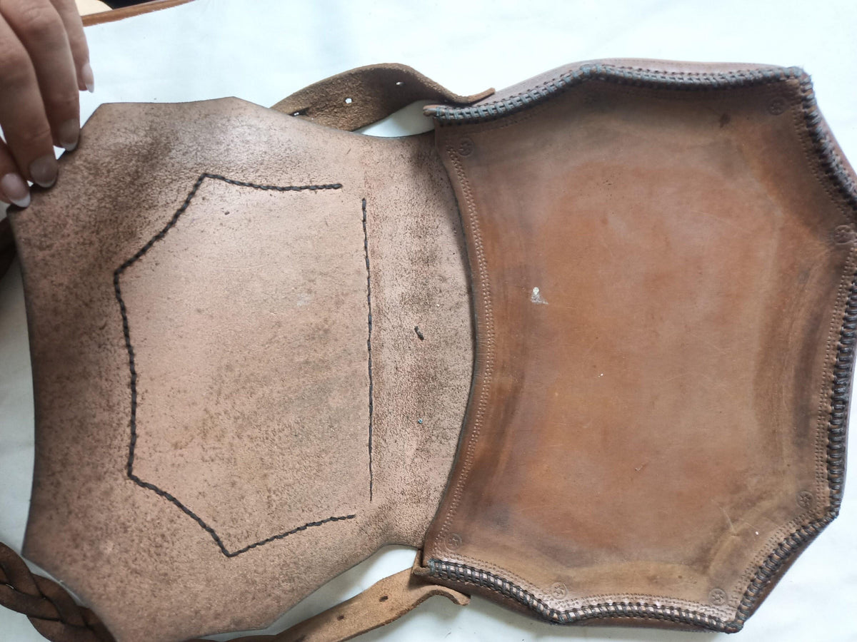 Vintage Tooled Leather Satchel: Embossed Lion, Braided Boho Bag