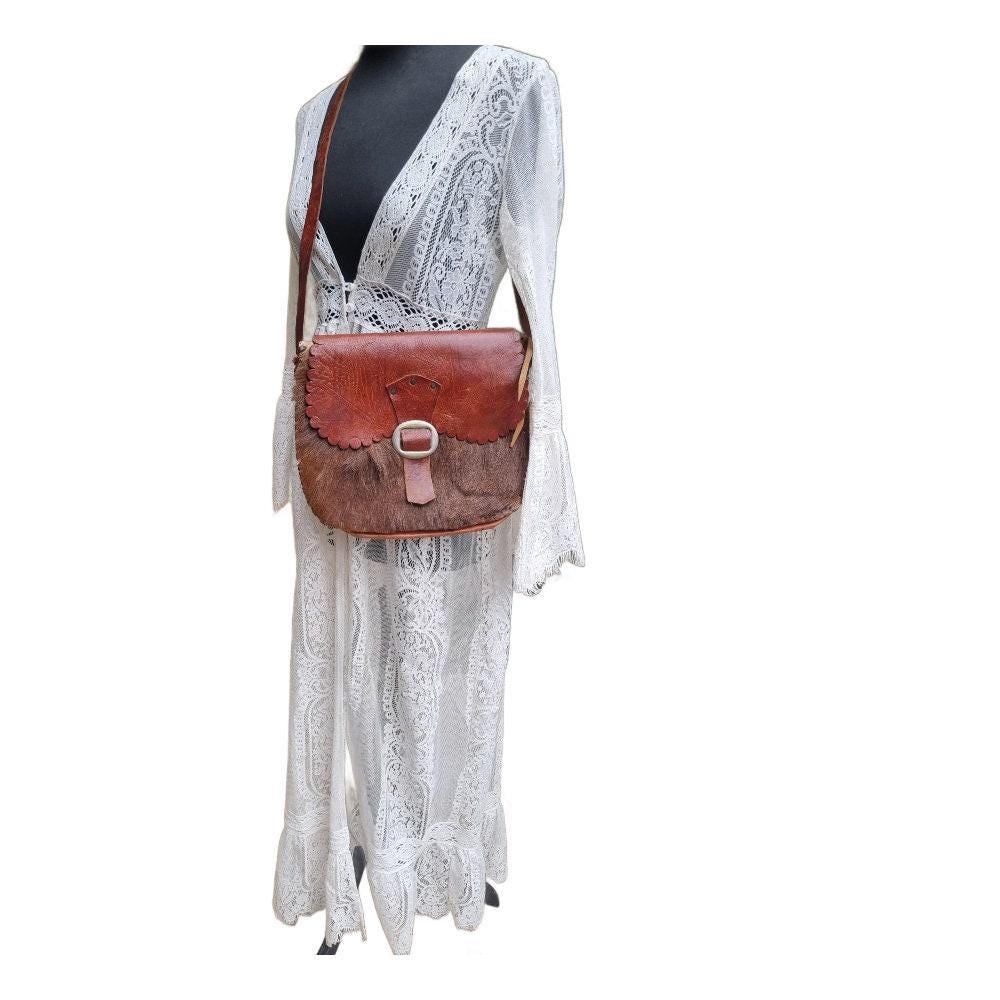 1970s Boho Leather Satchel: Vintage Western Hippie Bag with Goat Fur