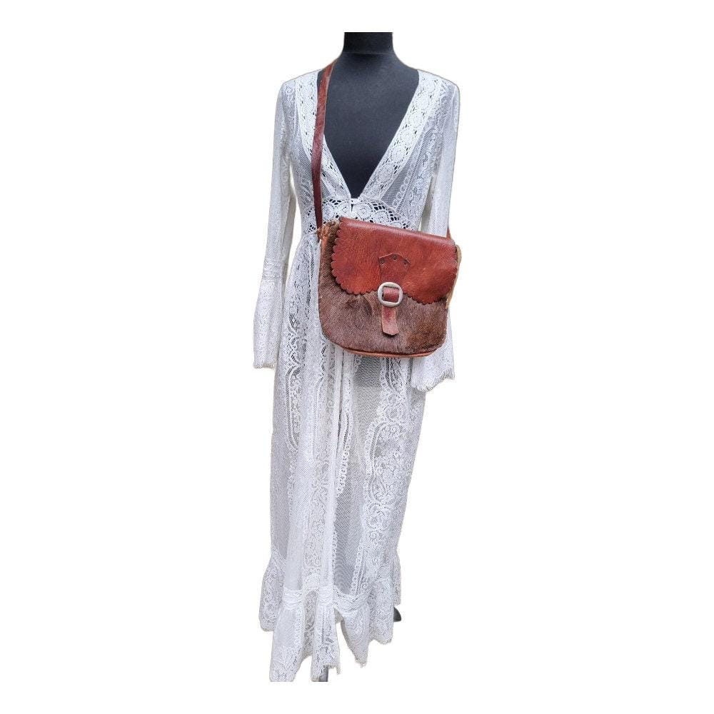 1970s Boho Leather Satchel: Vintage Western Hippie Bag with Goat Fur