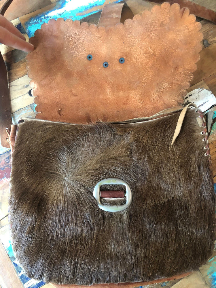 1970s Boho Leather Satchel: Vintage Western Hippie Bag with Goat Fur