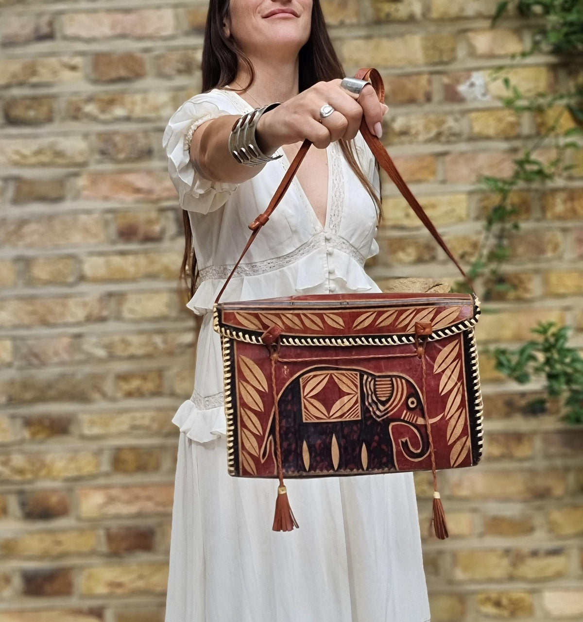 Unique African Elephant Leather Bag | Tooled Tribal Purse | Ethnic Crossbody Tote | Boho Safari Handbag | Vintage Leather Satchel