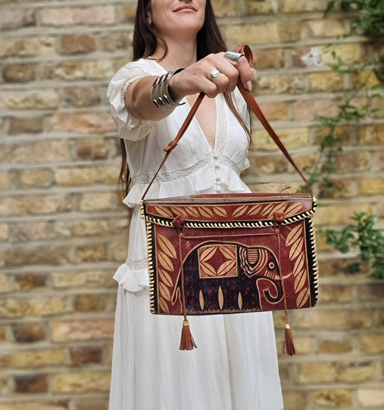 Unique African Elephant Leather Bag | Tooled Tribal Purse | Ethnic Crossbody Tote | Boho Safari Handbag | Vintage Leather Satchel