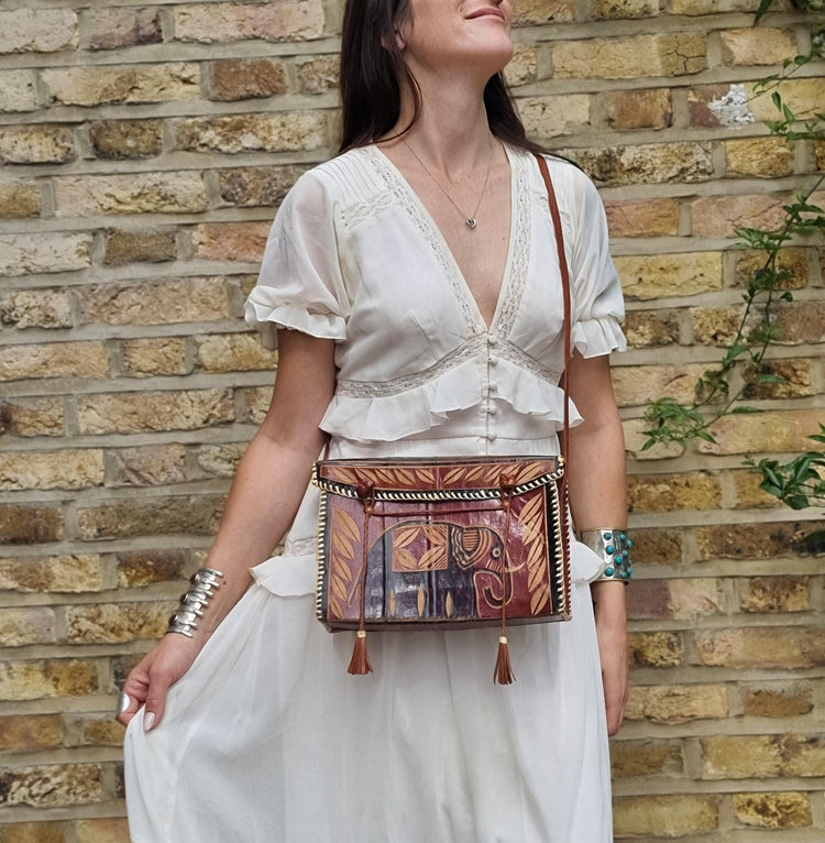 Unique African Elephant Leather Bag | Tooled Tribal Purse | Ethnic Crossbody Tote | Boho Safari Handbag | Vintage Leather Satchel