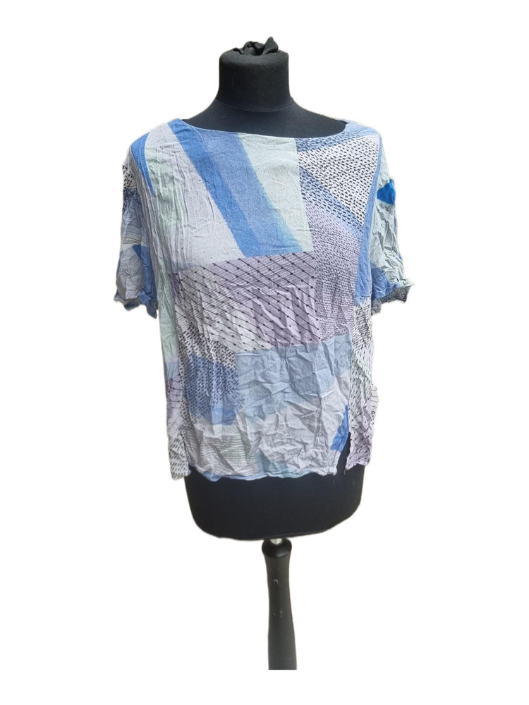 Vintage 1980s Geometric Blouse, Blue Black Retro Top, 80s Colour Block Shirt, Oversized Viscose Blouse, Retro Festival Top UK 14