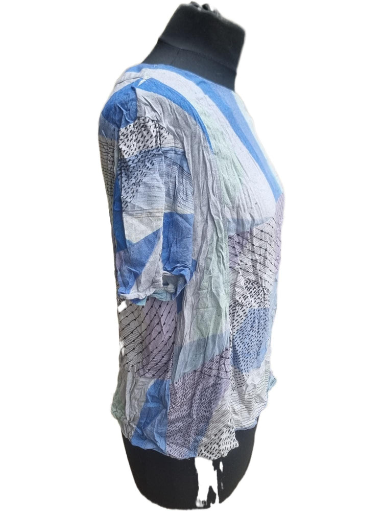 Vintage 1980s Geometric Blouse, Blue Black Retro Top, 80s Colour Block Shirt, Oversized Viscose Blouse, Retro Festival Top UK 14
