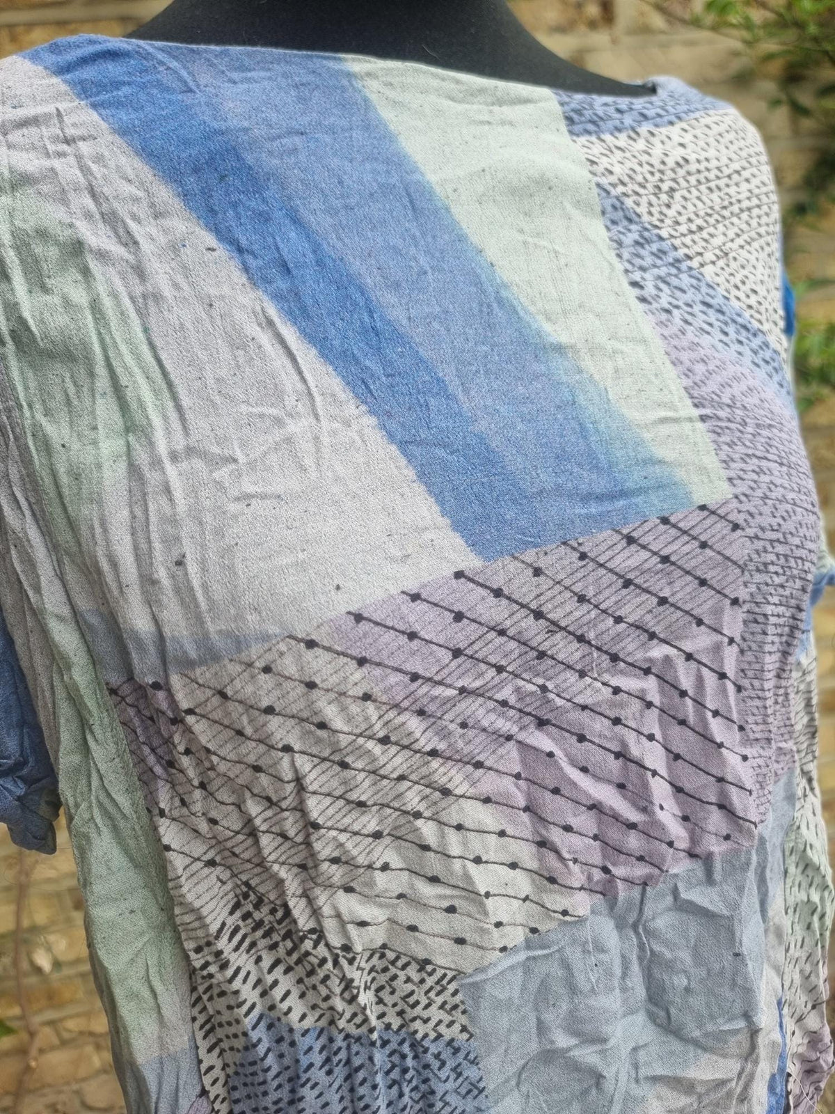 Vintage 1980s Geometric Blouse, Blue Black Retro Top, 80s Colour Block Shirt, Oversized Viscose Blouse, Retro Festival Top UK 14