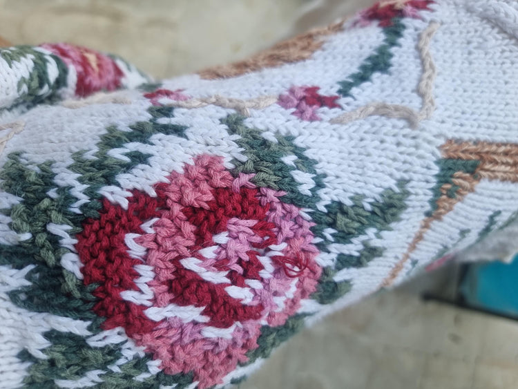 Vintage Floral Knit Sweater Dress: 80s Shoulder Pads, Boho Style