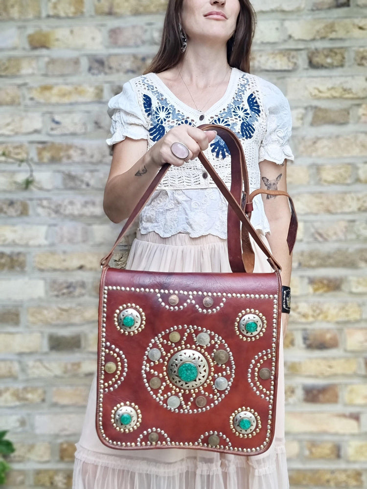 Studded Moroccan Leather Crossbody Bag: Vintage Festival Messenger
