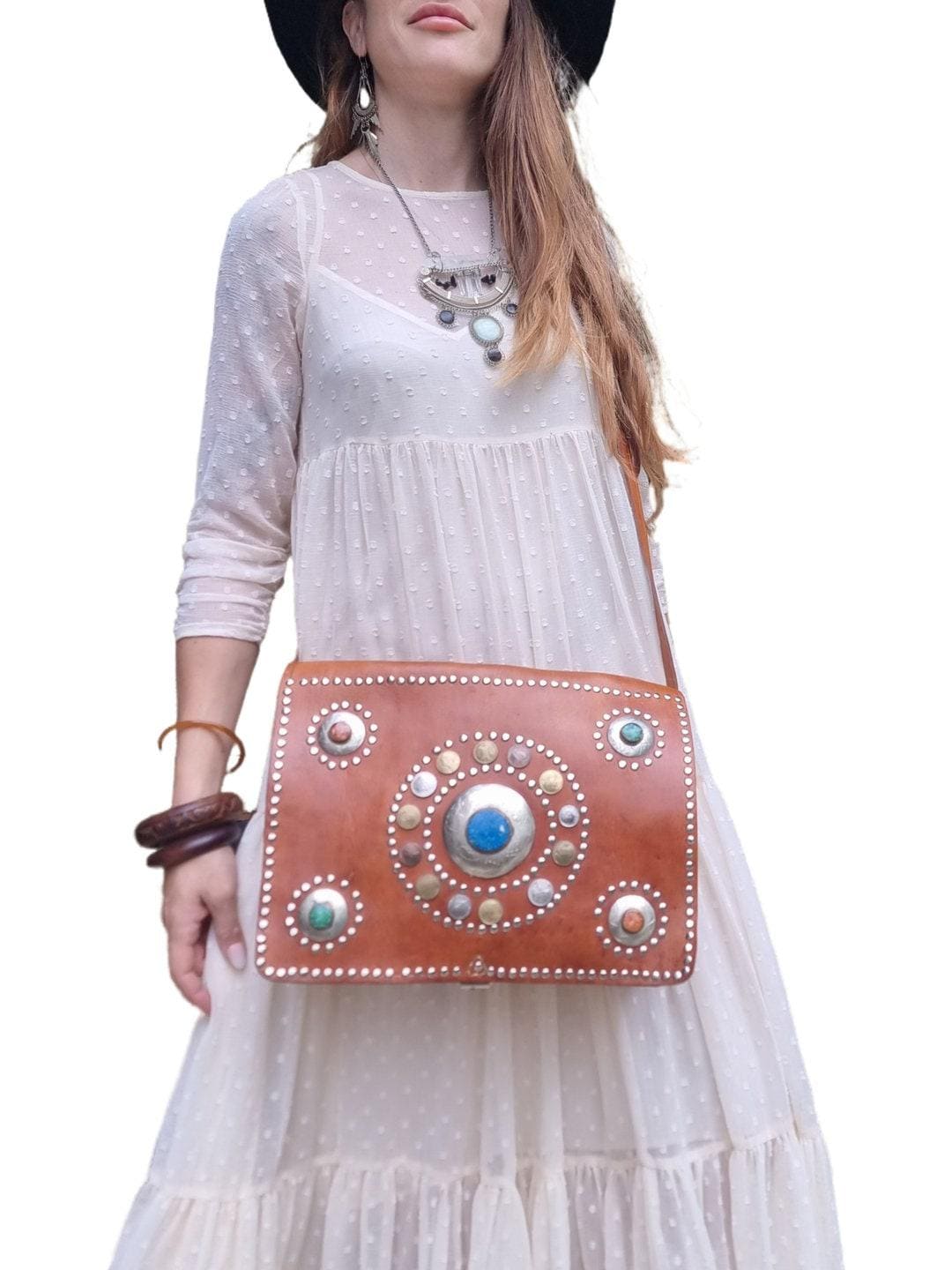 Vintage Moroccan Leather Messenger Bag: Studded Berber Crossbody Satchel