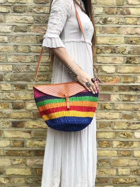 Rainbow Sisal Bucket Bag | Large Boho Beach Tote | Leather Crossbody Bag | 70s Hippie Purse | Woven Straw Festival Handbag | Summer Shopper