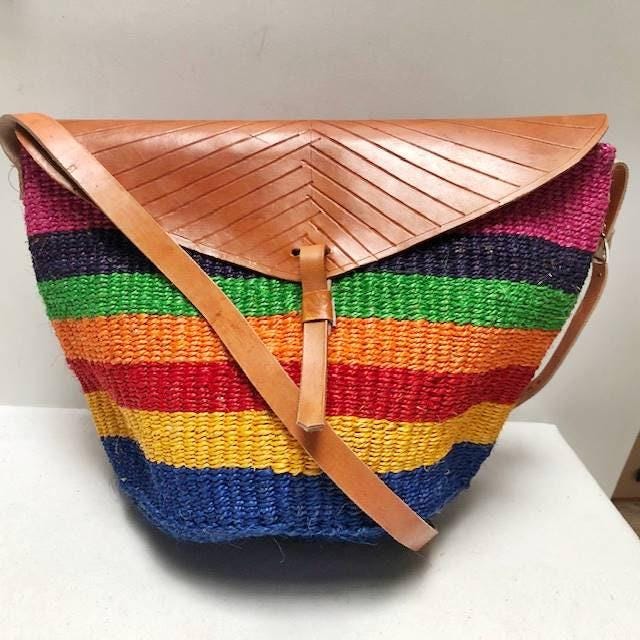 Rainbow Sisal Bucket Bag | Large Boho Beach Tote | Leather Crossbody Bag | 70s Hippie Purse | Woven Straw Festival Handbag | Summer Shopper